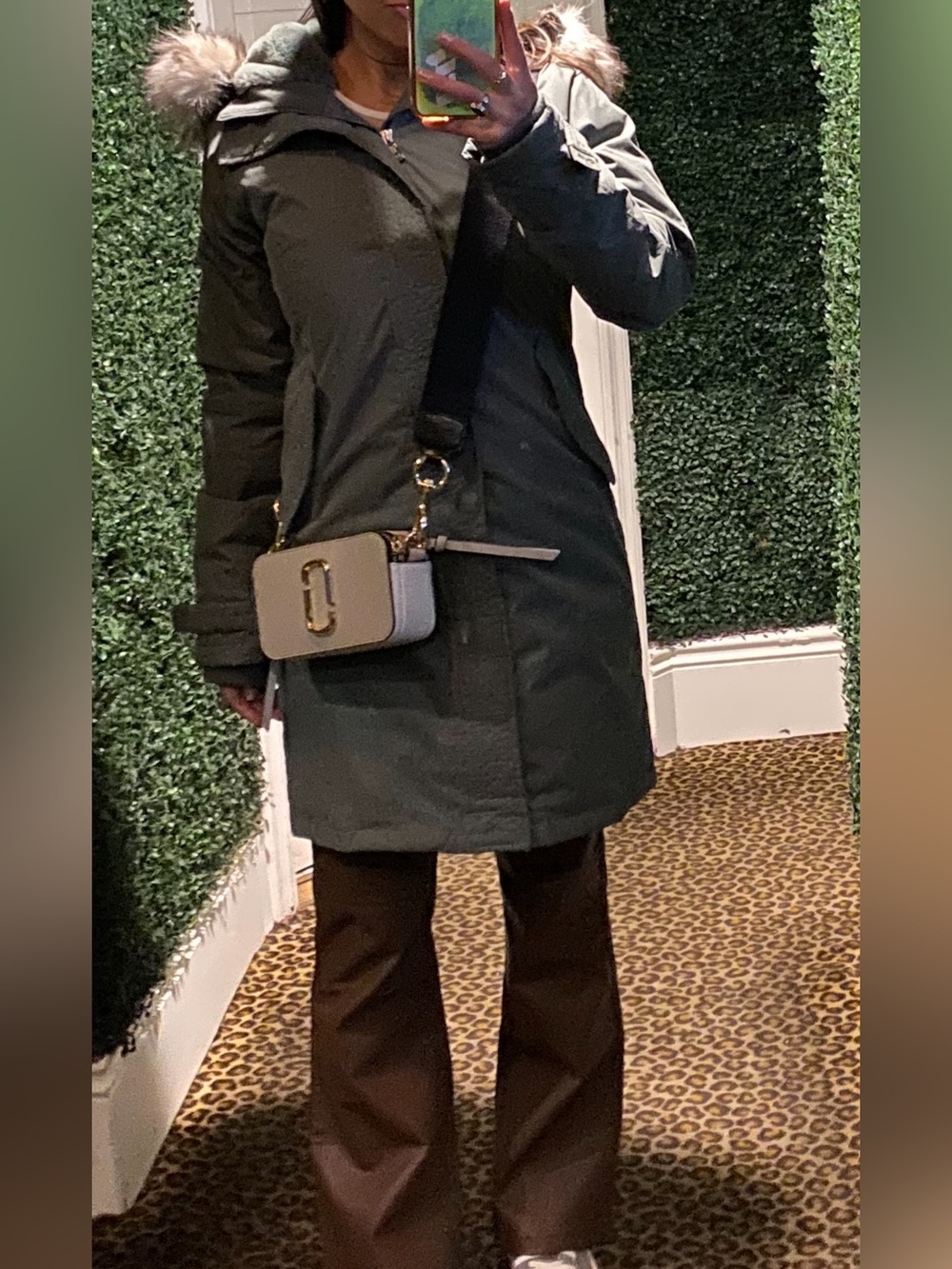 TNA Olive Green Puffer Coat with Faux Fur Hood
